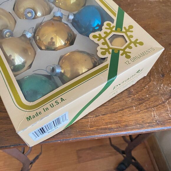 Vintage Pyramid Glass Ornaments Set of 12 Gold Yellow Blue Green Shiny with Box - Picture 8 of 10